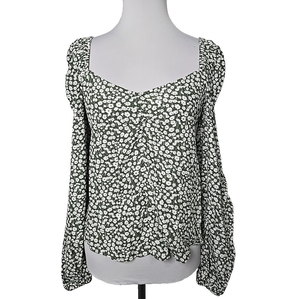 Boden Green & White Floral Sweetheart Crop Top Long Sleeve Elastic Cuff Size 4